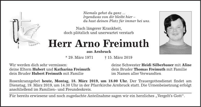 Traueranzeige Arno Freimuth