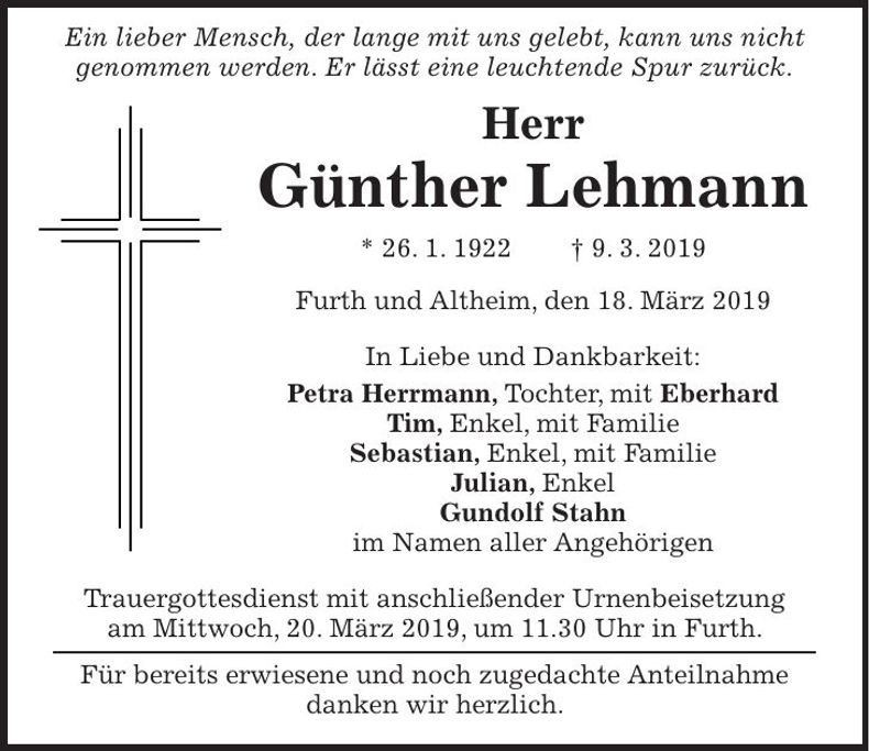 Traueranzeige Günther Lehmann