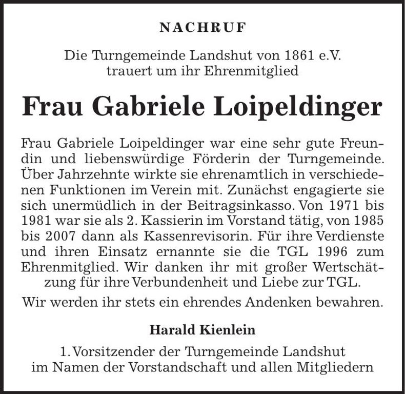 Traueranzeige Gabriele Loipeldinger