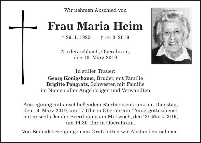 Traueranzeige Maria Heim