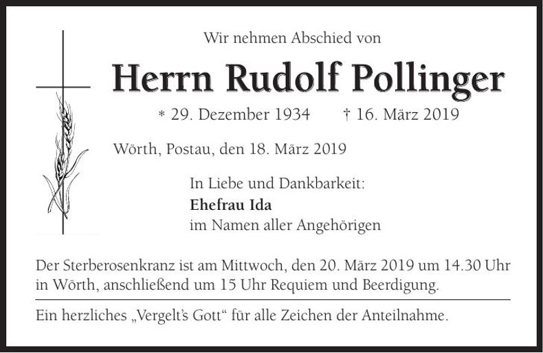 Traueranzeige Rudolf Pollinger