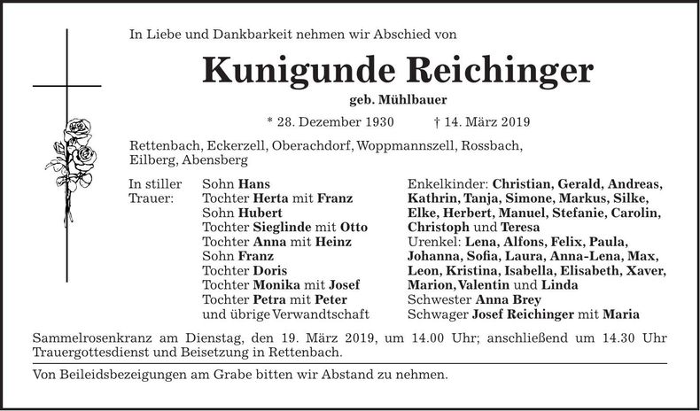 Traueranzeige Kunigunde Reichinger