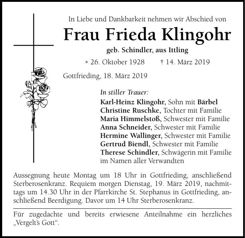 Traueranzeige Frieda Klingohr