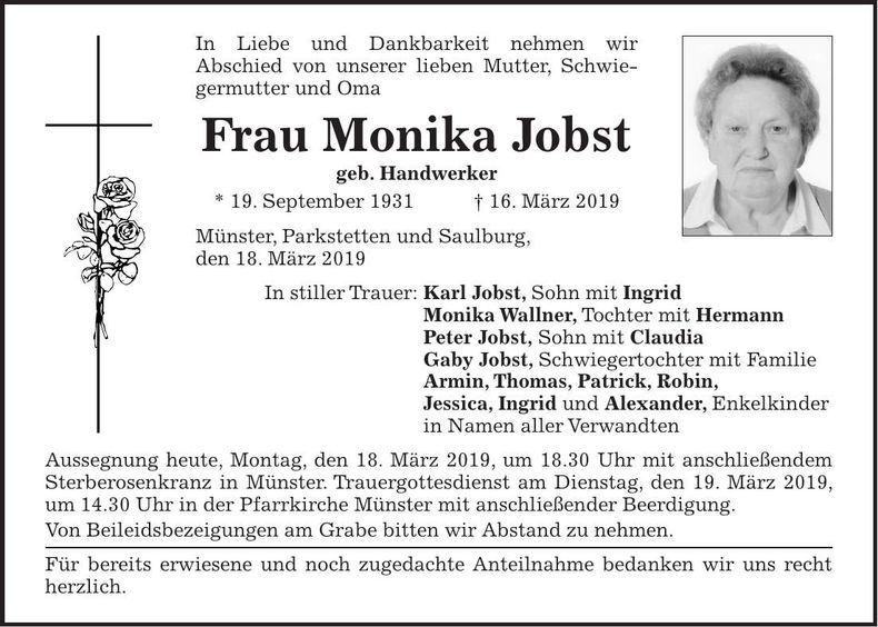 Traueranzeige Monika Jobst