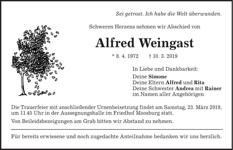 Traueranzeige Alfred Weingast