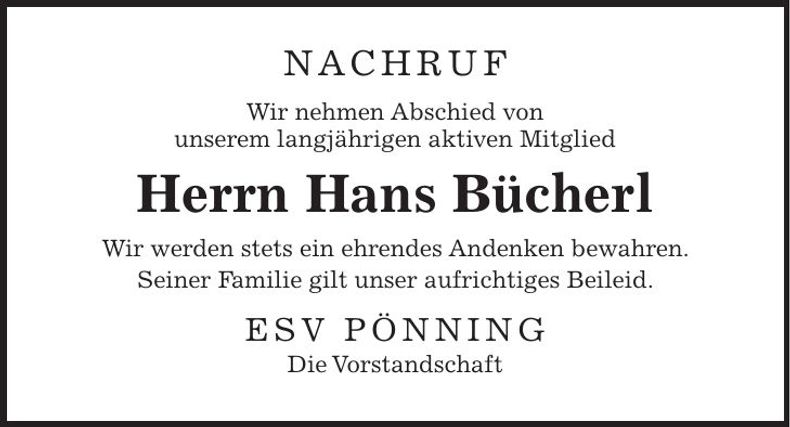 Traueranzeige Hans Bücherl