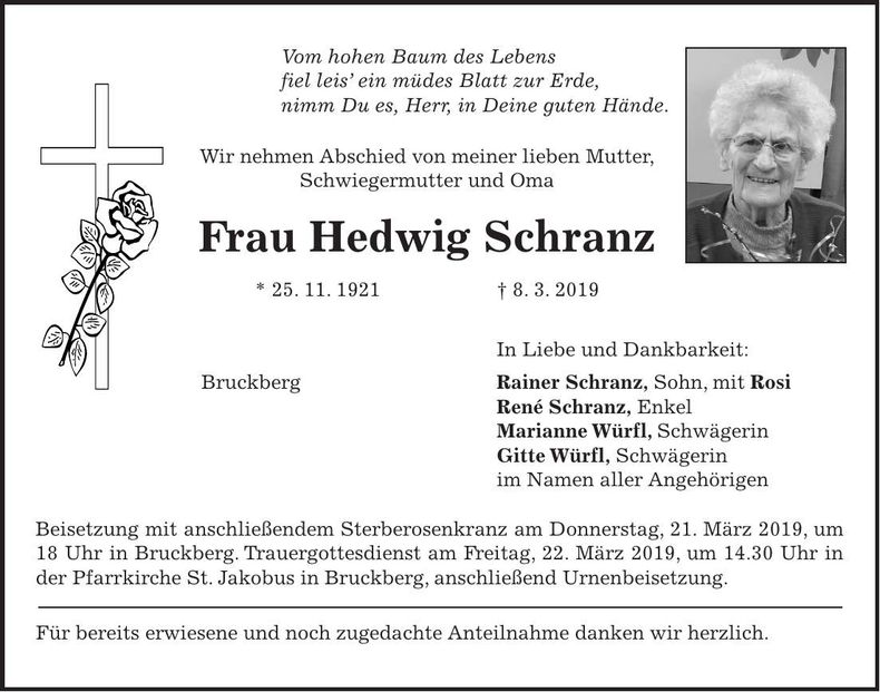 Traueranzeige Hedwig Schranz