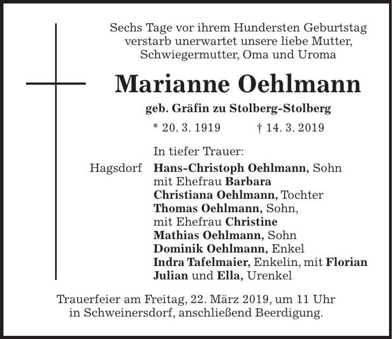 Traueranzeige Marianne Oehlmann