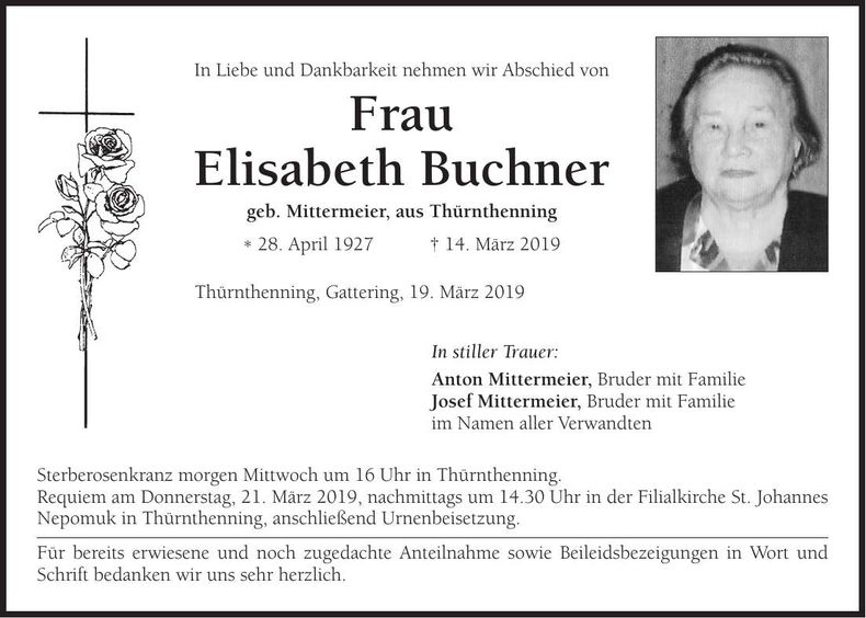 Traueranzeige Elisabeth Buchner