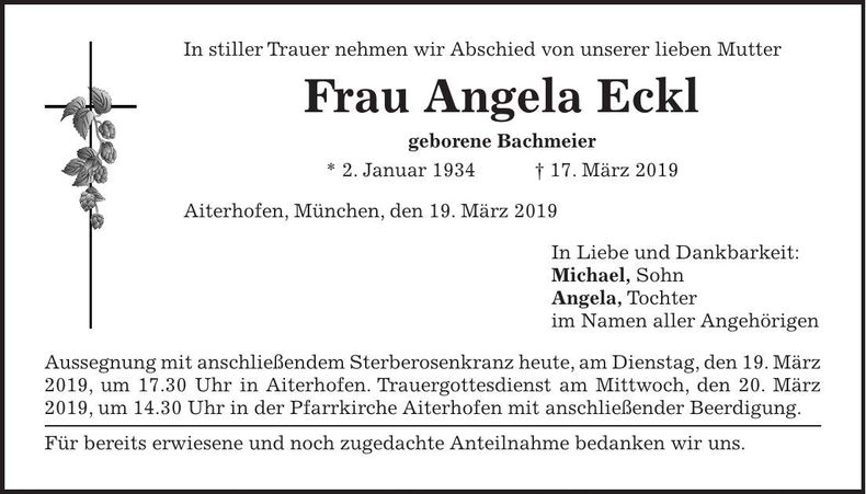 Traueranzeige Angela Eckl