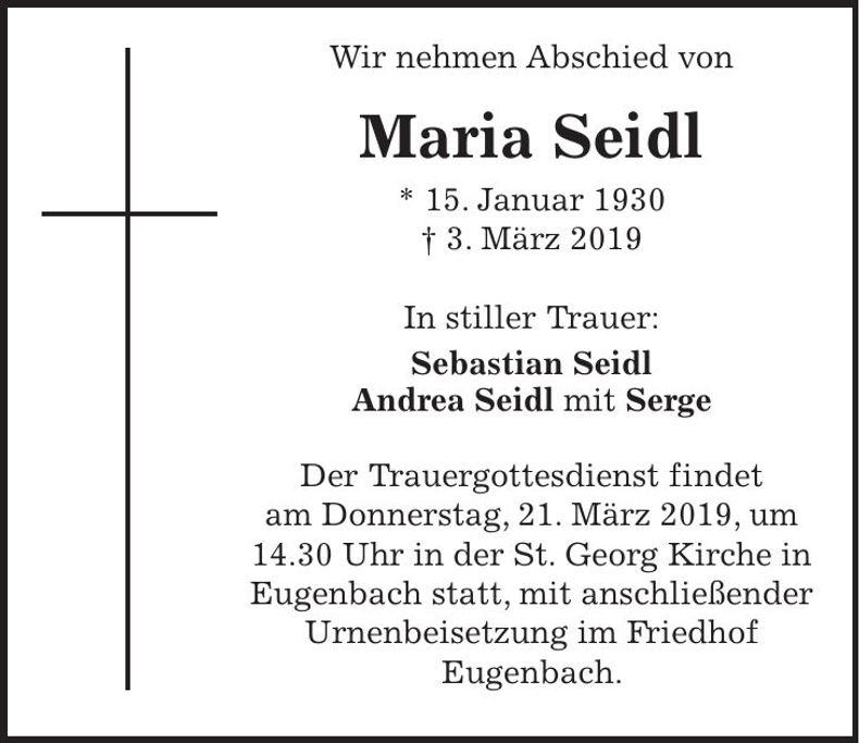 Traueranzeige Maria Seidl