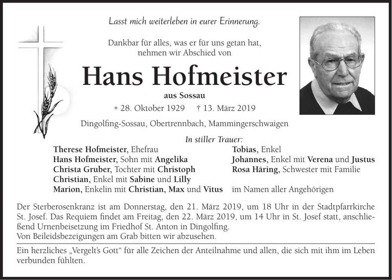 Traueranzeige Hans Hofmeister