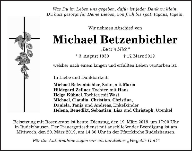 Traueranzeige Michael Betzenbichler