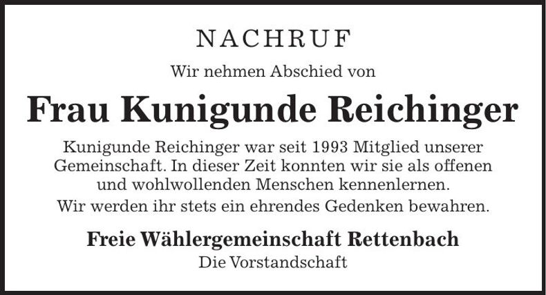 Traueranzeige Kunigunde Reichinger