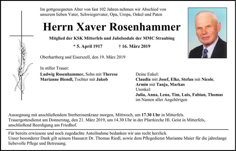 Traueranzeige Xaver Rosenhammer