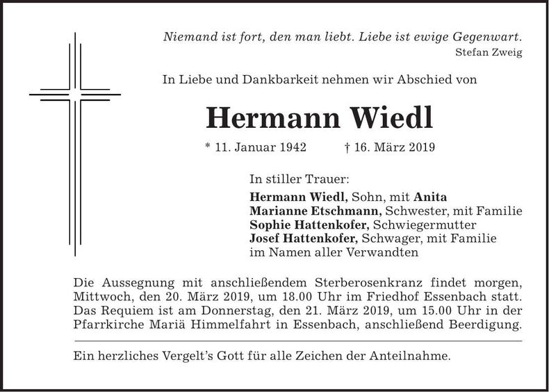 Traueranzeige Hermann Wiedl
