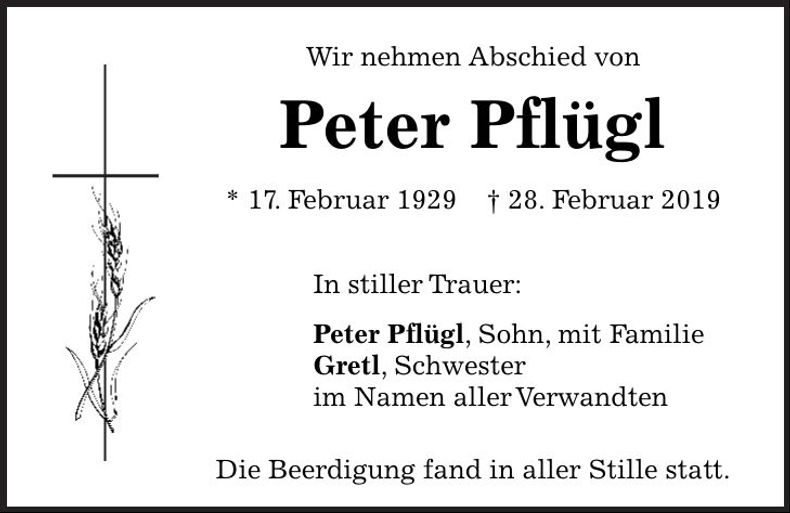 Traueranzeige Peter Pflügl