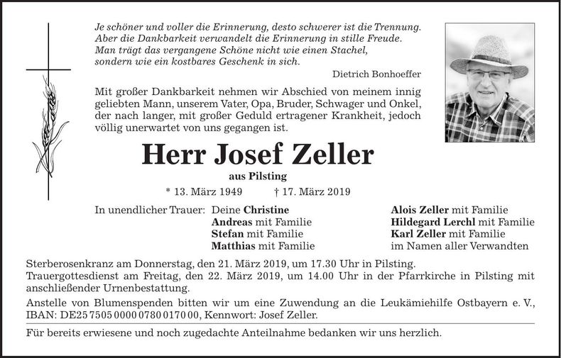 Traueranzeige Josef Zeller