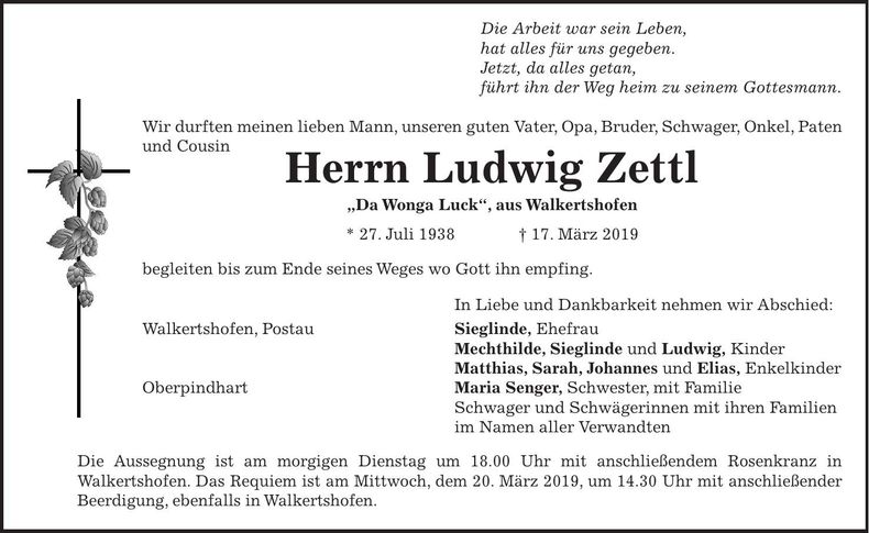 Traueranzeige Ludwig Zettl