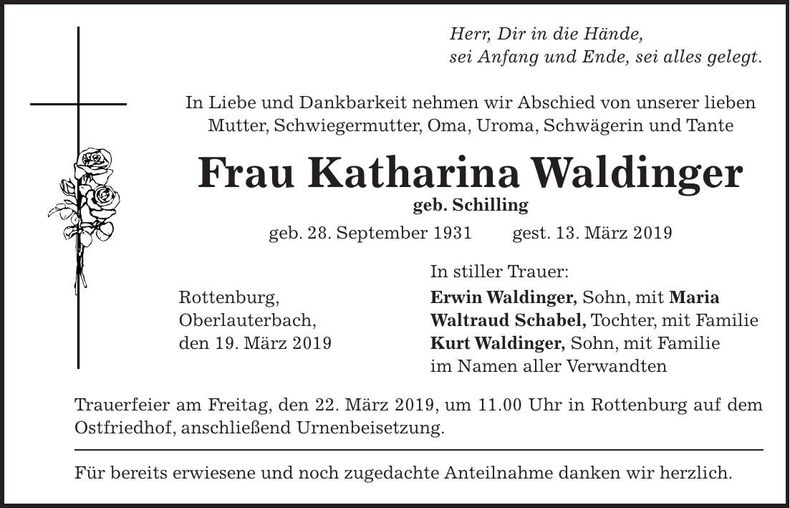 Traueranzeige Katharina Waldinger