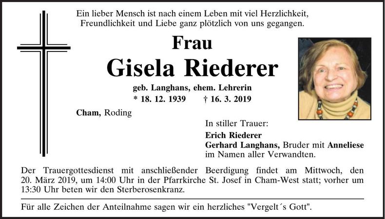 Traueranzeige Gisela Riederer