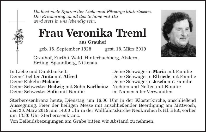 Traueranzeige Veronika Treml
