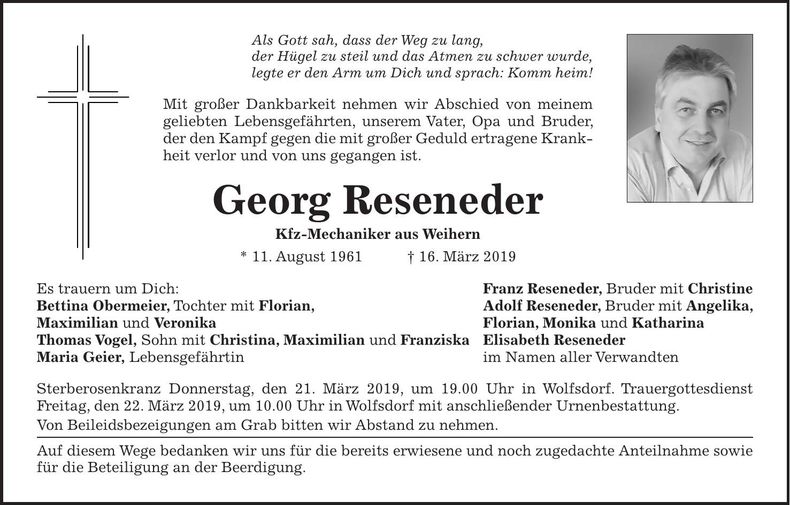 Traueranzeige Georg Reseneder