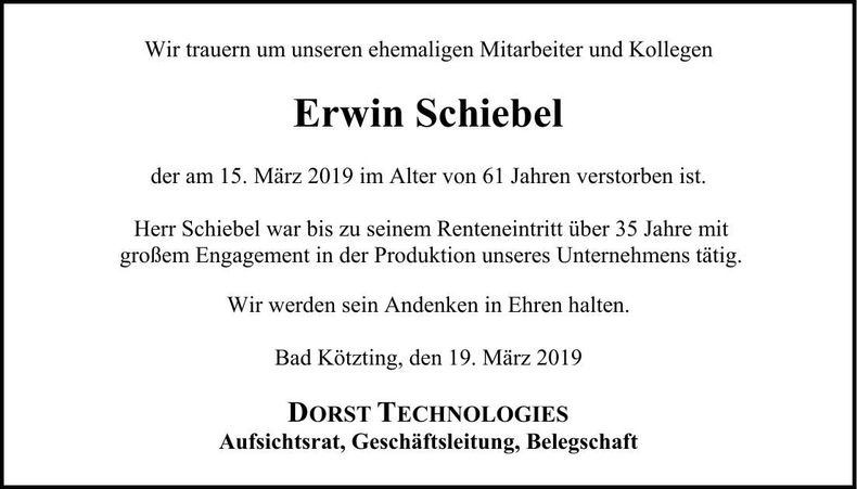 Traueranzeige Erwin Schiebel