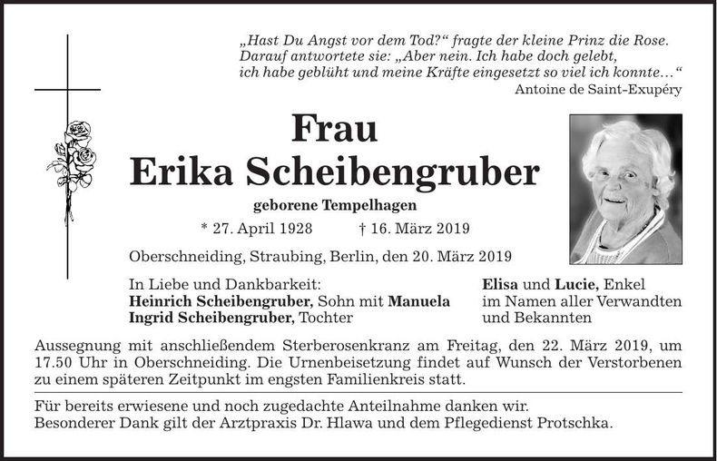 Traueranzeige Erika Scheibengruber