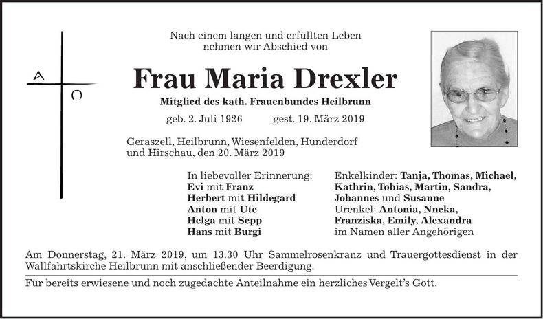 Traueranzeige Maria Drexler