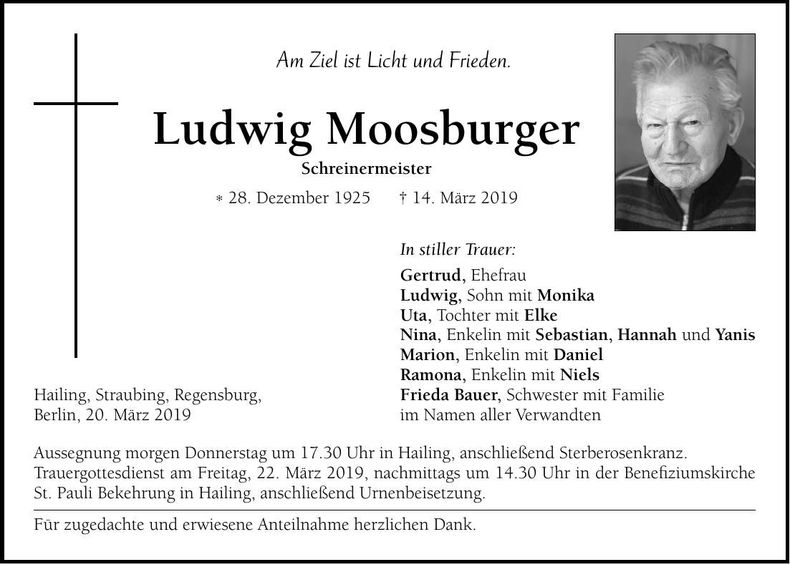 Traueranzeige Ludwig Moosburger