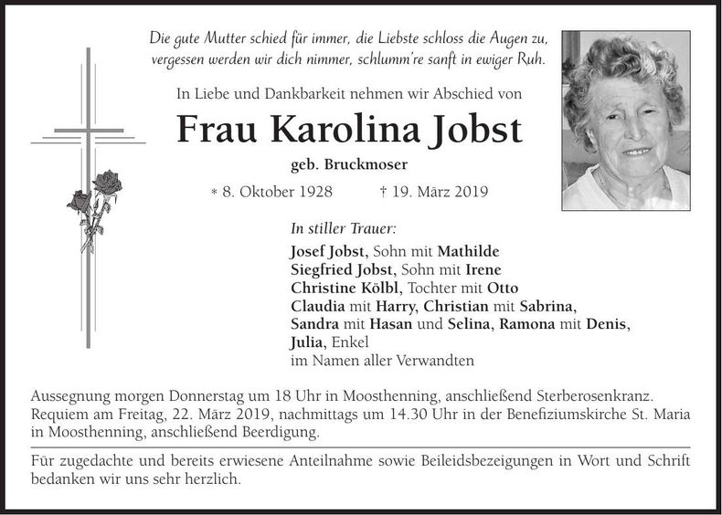 Traueranzeige Karolina Jobst