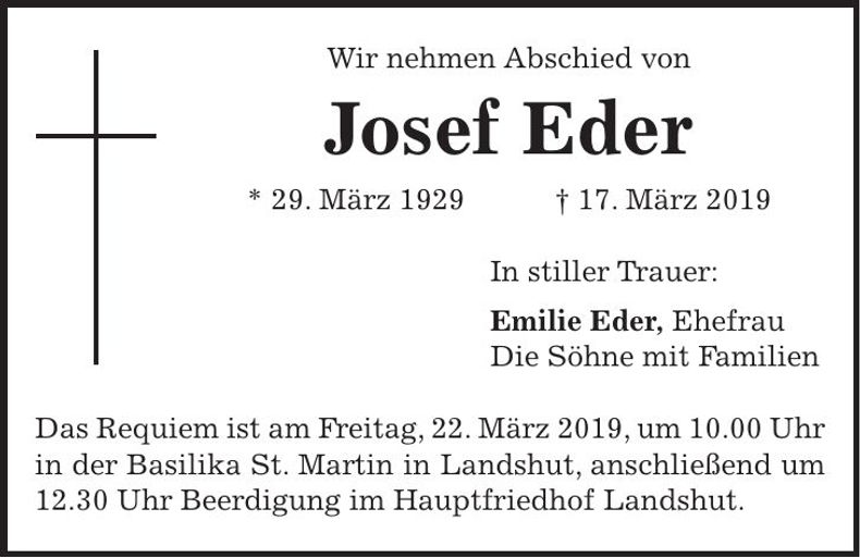 Traueranzeige Josef Eder