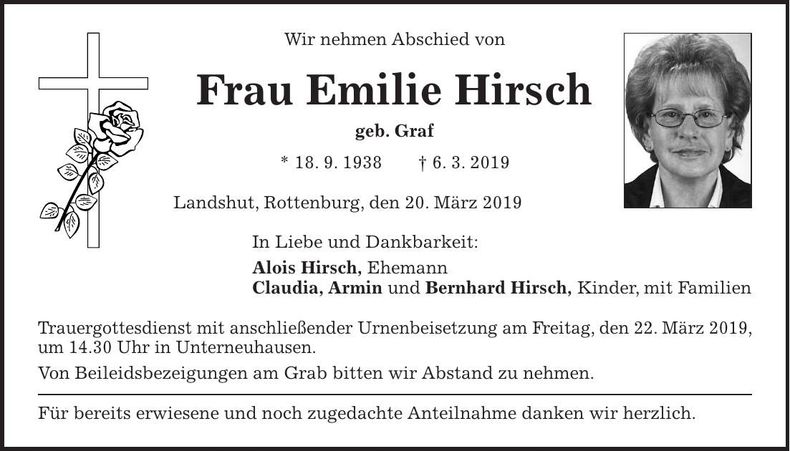 Traueranzeige Emilie Hirsch