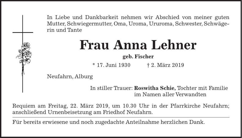 Traueranzeige Anna Lehner