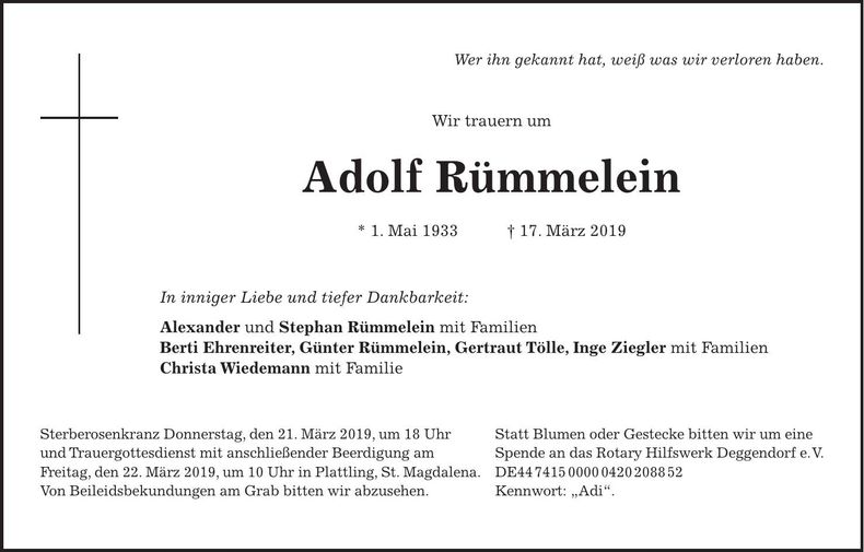 Traueranzeige Adolf Rümmelein