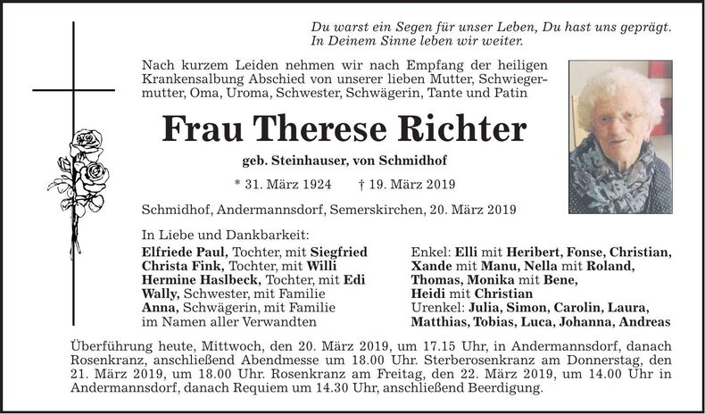 Traueranzeige Therese Richter