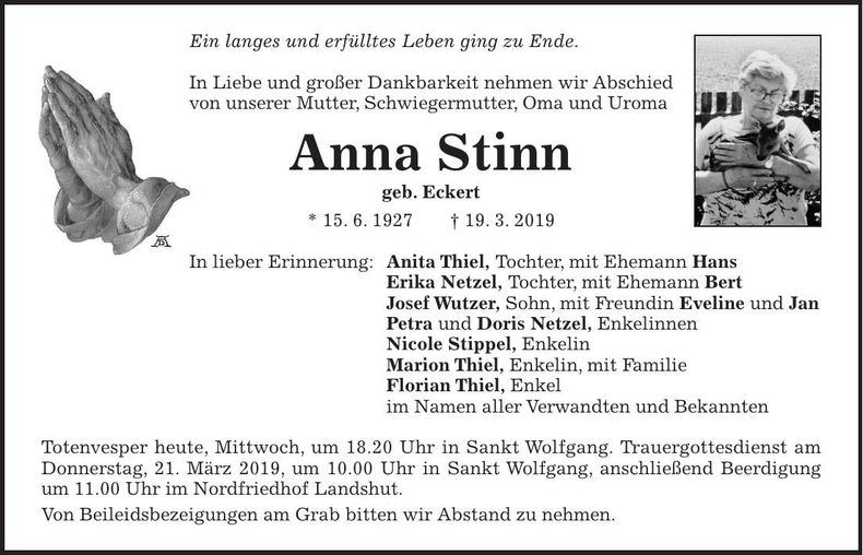 Traueranzeige Anna Stinn