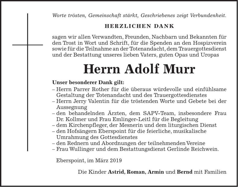 Traueranzeige Adolf Murr