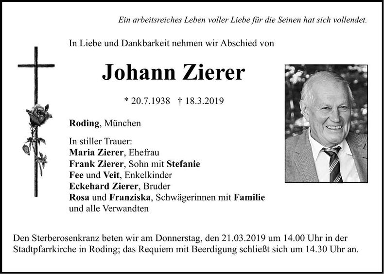 Traueranzeige Johann Zierer