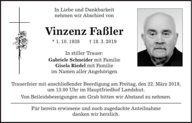 Traueranzeige Vinzenz Faßler