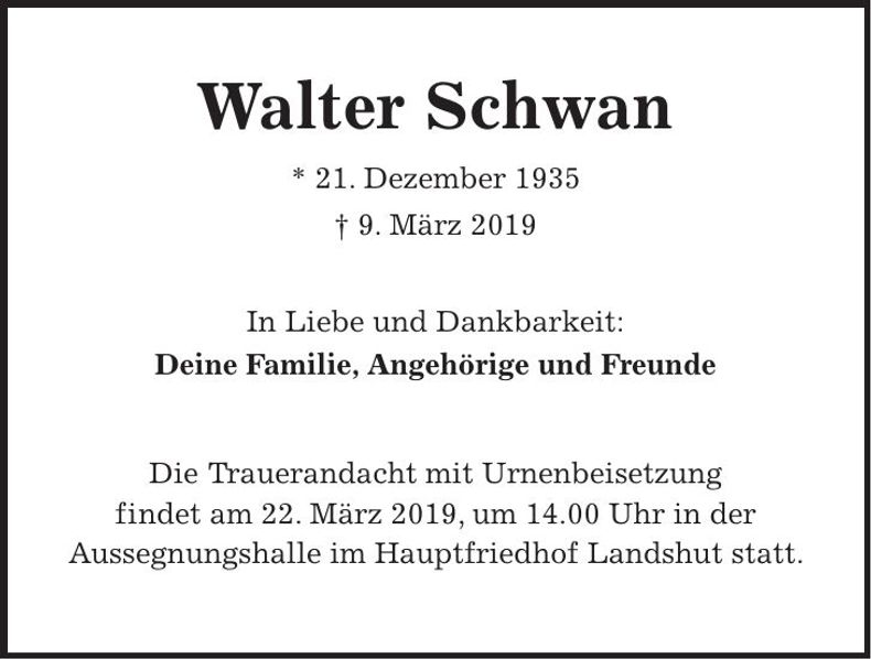 Traueranzeige Walter Schwan