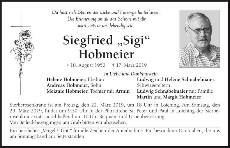 Traueranzeige Siegfried Hobmeier