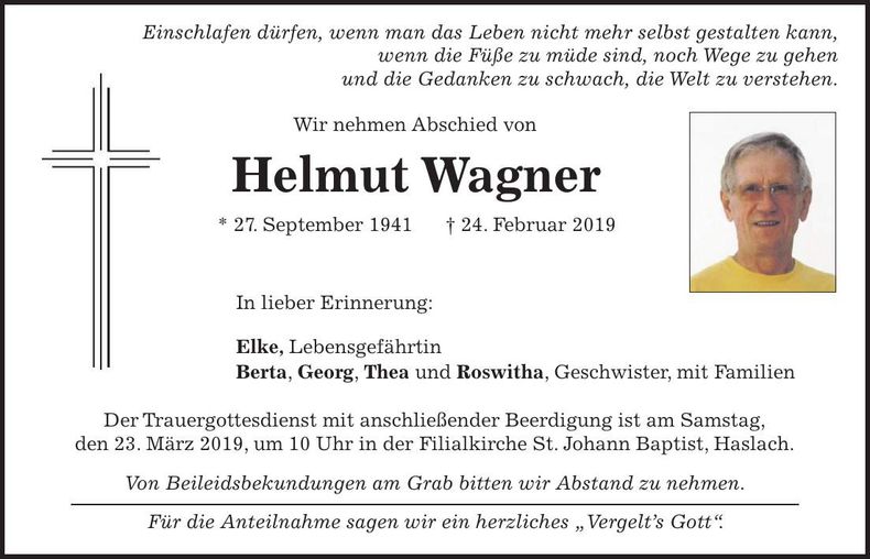 Traueranzeige Helmut Wagner