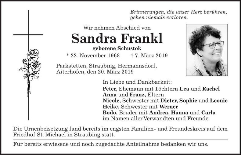 Traueranzeige Sandra Frankl