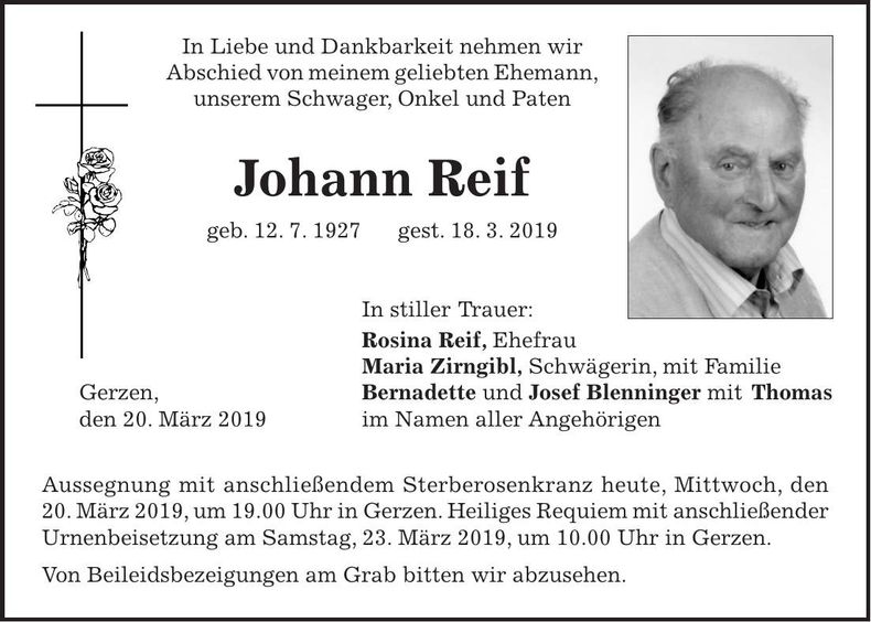 Traueranzeige Johann Reif