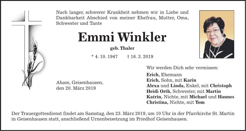 Traueranzeige Emmi Winkler