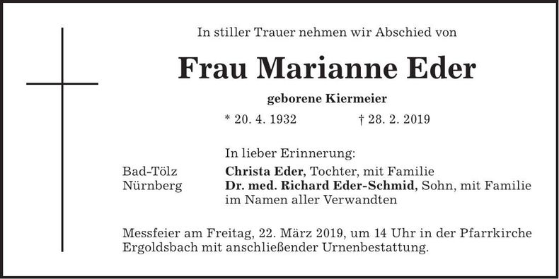 Traueranzeige Marianne Eder