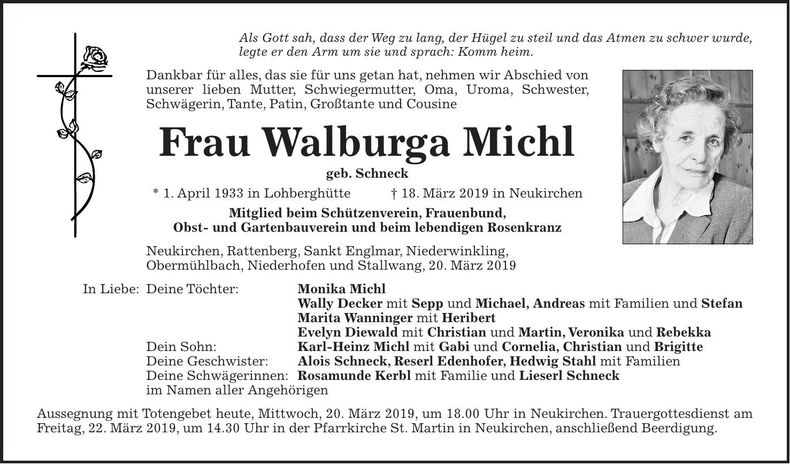 Traueranzeige Michl Walburga