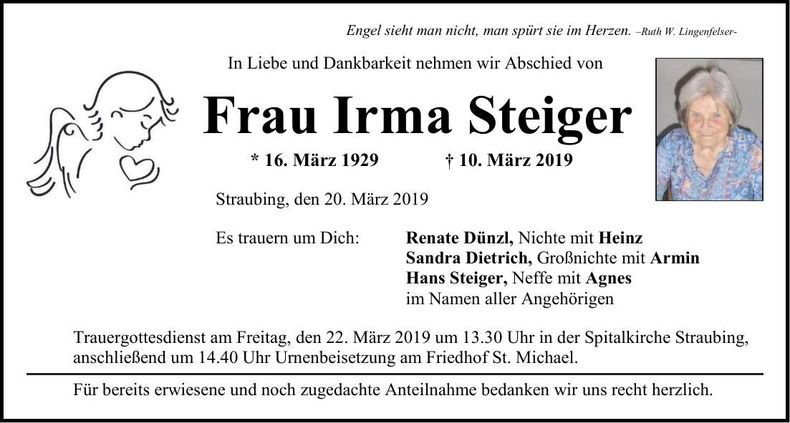 Traueranzeige Irma Steiger